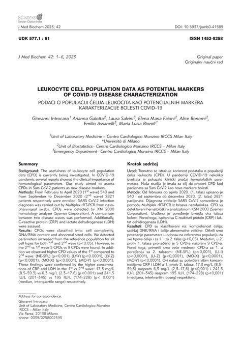 PDF Leukocyte Cell Population Data As Potential Markers Of COVID 19