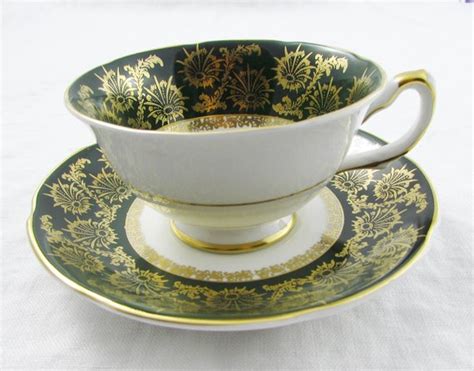 Royal Grafton Green Tea Cup And Saucer With Gold Snowflake Vintage