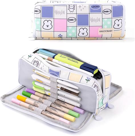 ANGOOBABY Large Pencil Case Big Capacity 3 Compartments Canvas Pencil