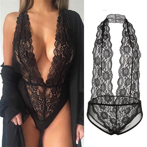 Buy Women Sexy One Piece Lingerie Hollow Floral Lace Halter Backless