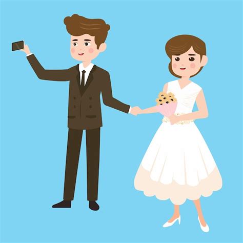 Pareja De Boda De Dibujos Animados Tomando Selfie Vector Premium