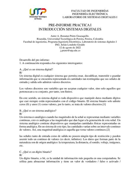 Pre informe digitales 1 practica 1 INGENIERÍA ELECTRÓNICA LABORATORIO