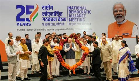 Prime Minister Narendra Modi Being Garlanded By NDA Leaders Befo The