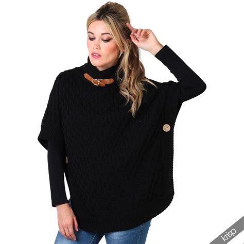 Women Retro Knit Turtle Funnel Buckle Neck Poncho Cape Sweater Jumper