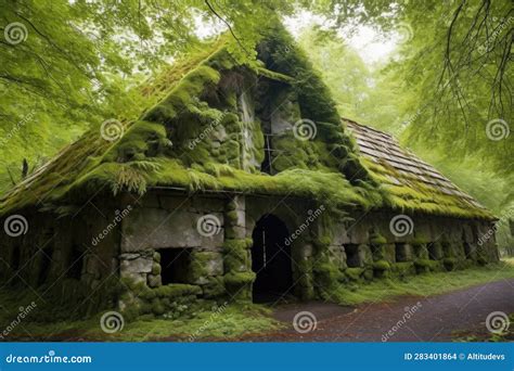 Stone Barn With Moss Covered Roof And Surrounding Trees Stock