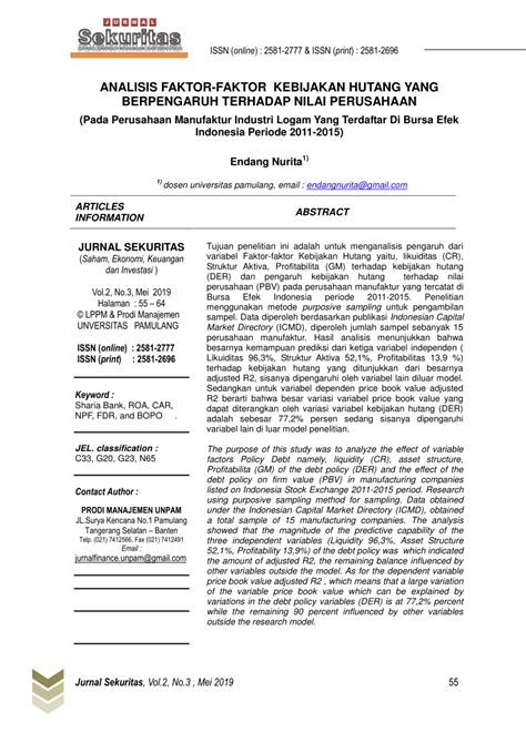 Pdf Analisis Faktor Faktor Kebijakan Hutang Yang Berpengaruh Terhadap