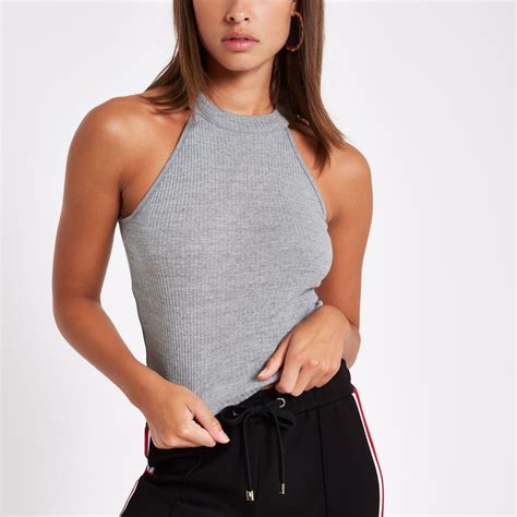 Grey Ribbed Halterneck Crop Top Tops Crop Tops Halter Neck Crop Top