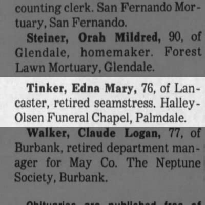 Obituary For Edna Mary Tinker Aged Newspapers