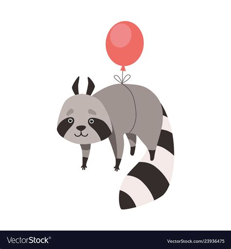 Cute Raccoon Flying With Balloon Funny Humanized Vector Image