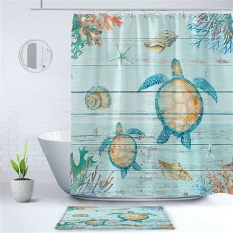 Sea Turtle Shower Curtain Rustic Wood Plank Marine Life Bathroom