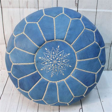 Footstool Moroccan Pouf Blue Jean Moroccan Leather Poufs