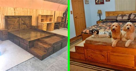 This Wooden King Bed Has Built In Stairs Along With Extra Space At The ...