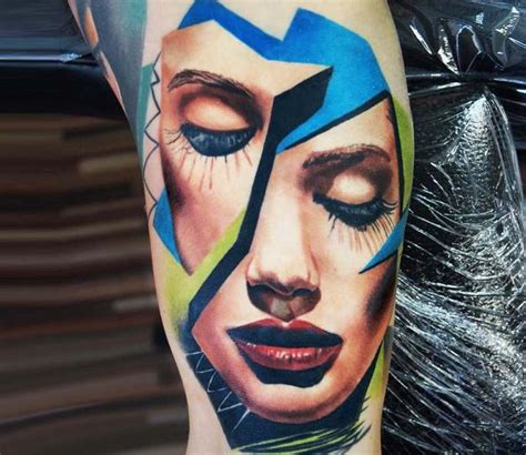 Colorful Surrealistic Face Tattoo By James Artink