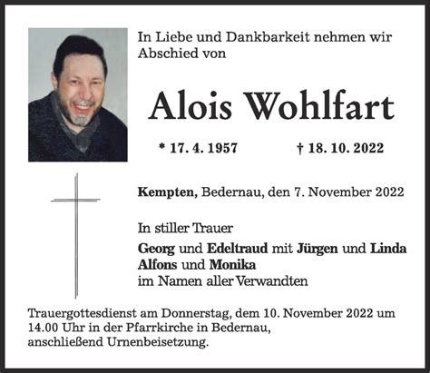 Traueranzeigen Von Alois Wohlfart Augsburger Allgemeine Zeitung