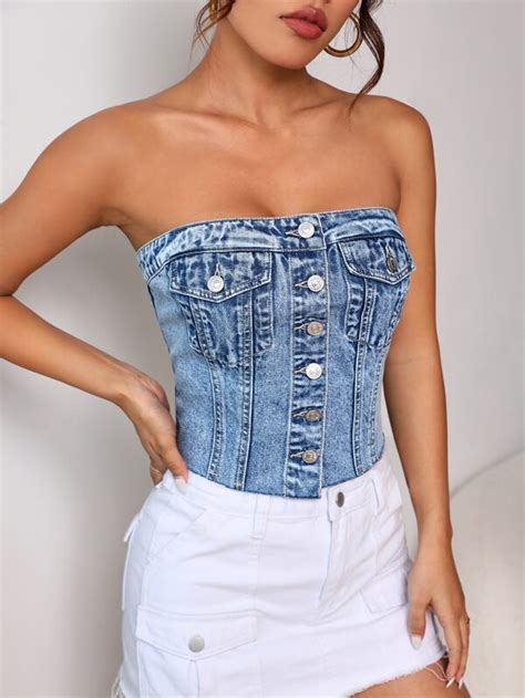 Shein Ezwear Top En Jean Poche Rabat Bouton Bustier Mode En Ligne