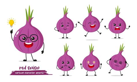 Cut Red Onion Shallot Cartoon With Many Expressions Different