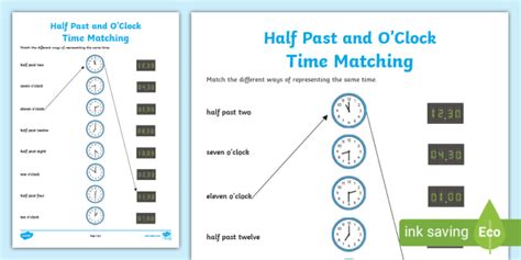 Half Past And O Clock Time Matching Activity Sheet Twinkl