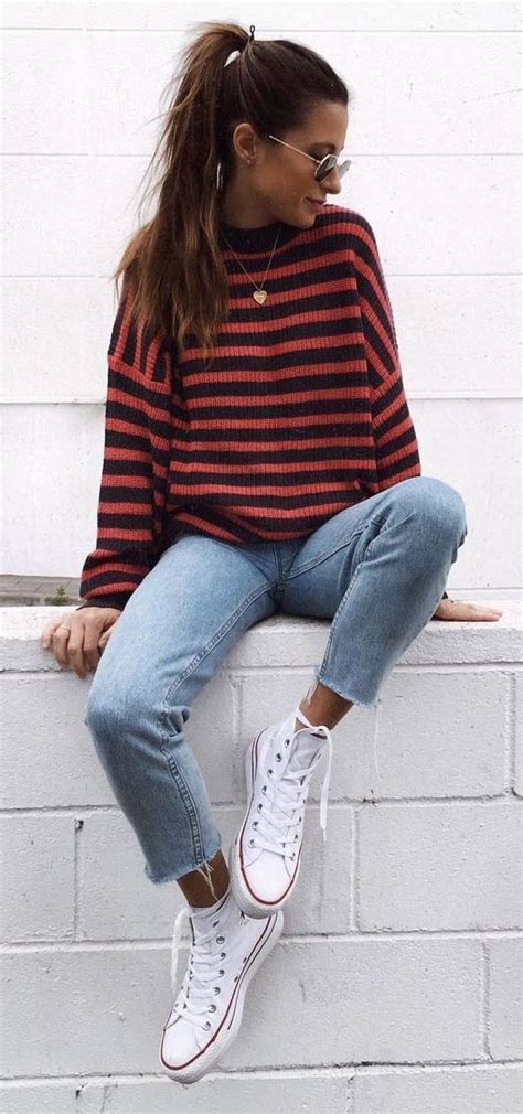 Cute Fall Outfit Stripped Sweater Jeans Converse Casual Fall Outfits Basic Outfits