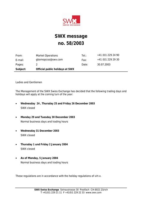 Official public holidays at SWX - SIX Swiss Exchange