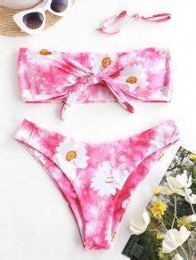 Zaful Daisy Print Tie Dye Bandeau Bikini Swimsuit In Hot Pink Zaful