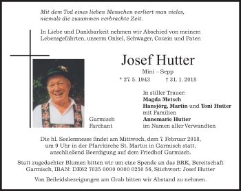 Traueranzeigen Von Josef Hutter Trauer Merkur De