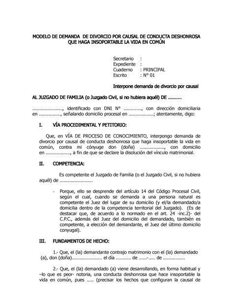 Modelo De Demanda De Divorcio Por Causal De Conducta Deshonrosa