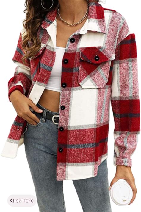 Trendy Queen Womens Flannel Shacket Jacket Casual Plaid Wool Blend Button Down Long Sleeve Shirt