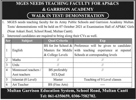 Multan Garrison Education System Jobs Job Advertisement Pakistan