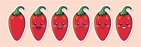 Vector Cartoon Cute And Funny Red Hot Chili Pepper Icon Set Kawaii Style Stock Vector