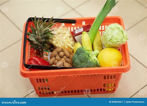 Food Basket On Grocery Or Supermarket Floor Stock Image Image Of Full