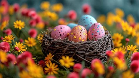 Premium Photo Basket Of Easter Eggs On Green Grass At Sunny Day