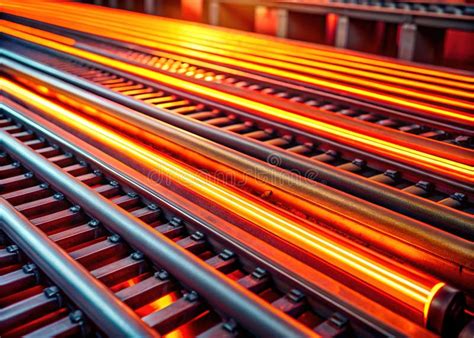 Intense Heat And Motion Glowing Hot Metal Rods On A Conveyor Belt In A