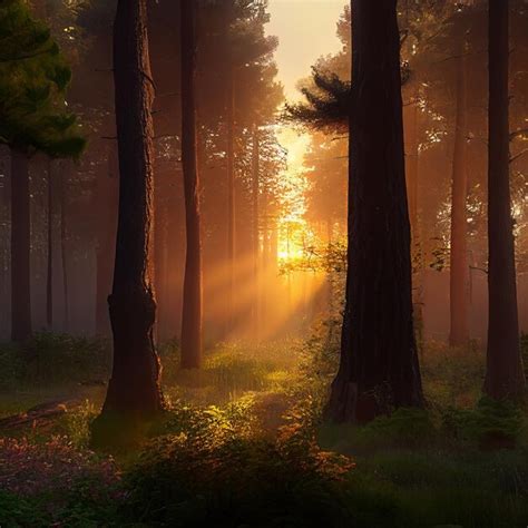 Floresta de pinheiros de verão ao pôr do sol ou nascer do sol raios de