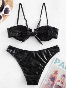 Zaful Knotted Back Patent Leather Bikini Set In Black Zaful