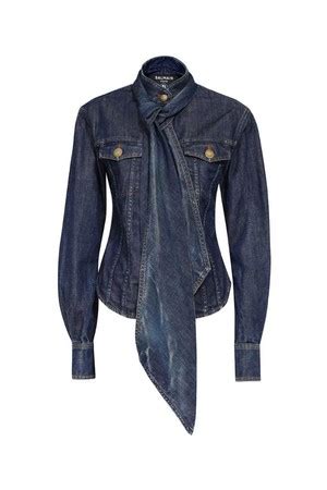 발망 여성 셔츠 블라우스 Balmain BF1HC055DD63 PUSSY BOW DENIM Shirt Blue NB24 BALMAIN 코오롱몰