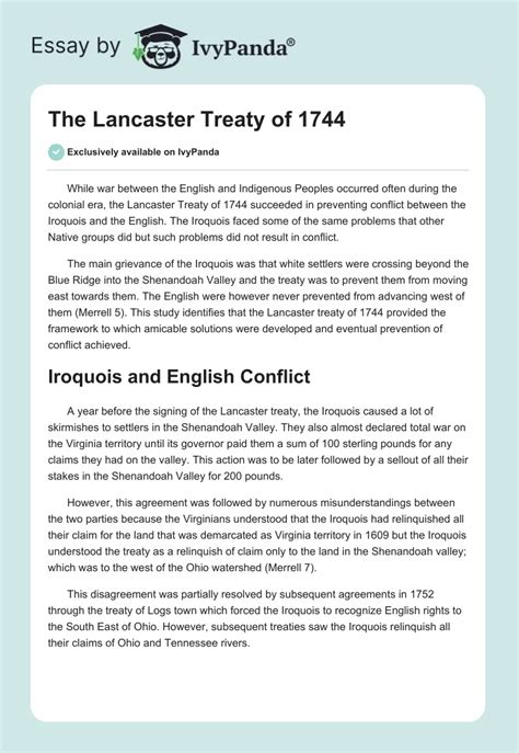 The Lancaster Treaty of 1744 - 1231 Words | Essay Example