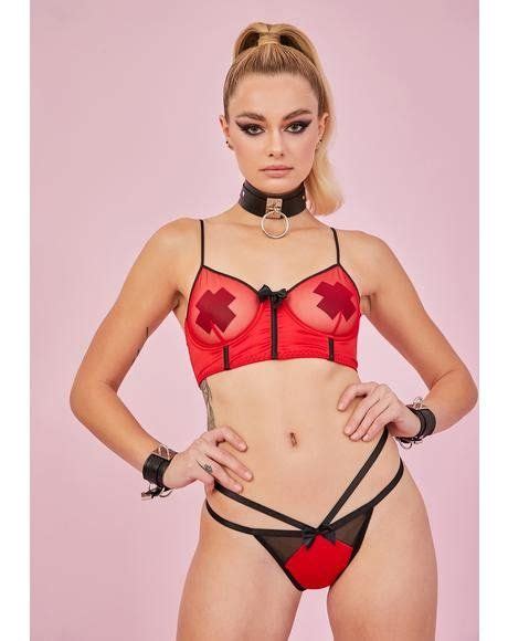 Sugar Thrillz Nude Heart Strappy Thong Red Dolls Kill Lace Thong