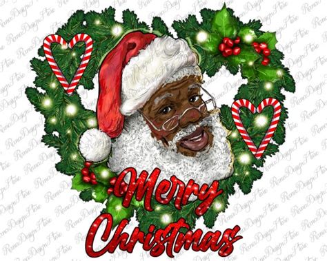 Merry Christmas African American Santa With Wreath Png Etsy