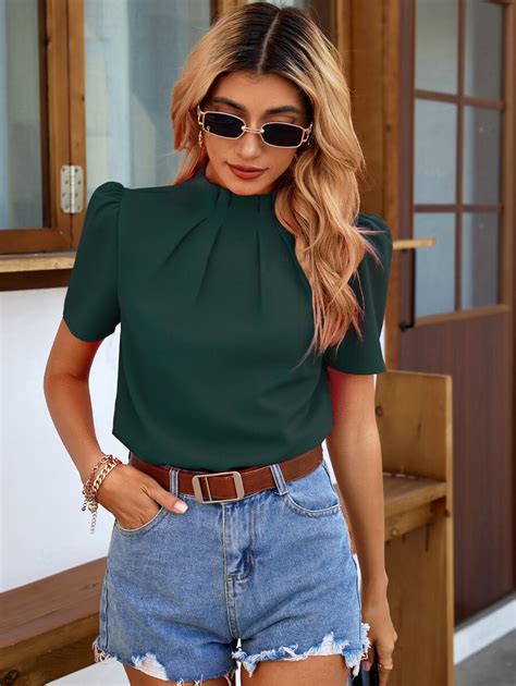 Shein Clasi Blusa Gola Alta E Abertura Nas Costas Blusas De Manga