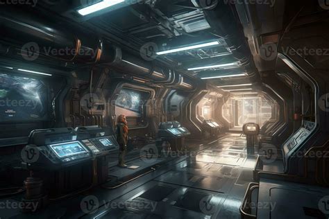 Concept art illustration of scifi futuristic interior of space station ...