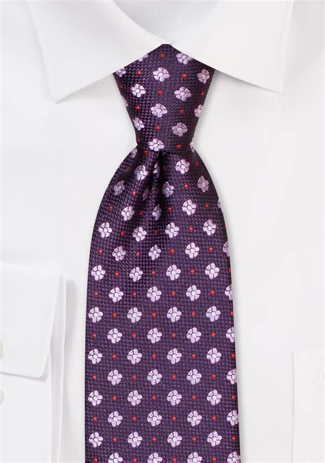 Purple And Lilac Floral Tie Eggplant Color Necktie With Lilac Floral