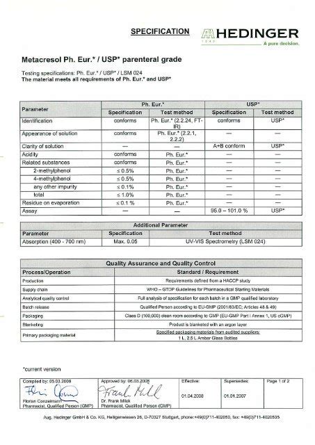 Metacresol Ph Eur I Usp Parenteral Grade Hedinger