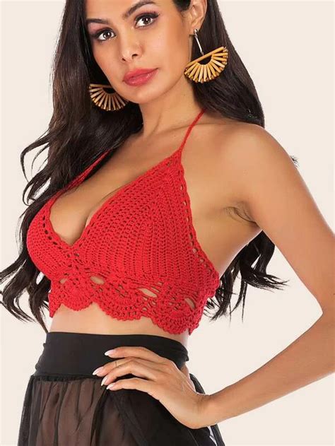 Hollow Out Crochet Halter Bikini Top SHEIN USA Bikini Tops Halter