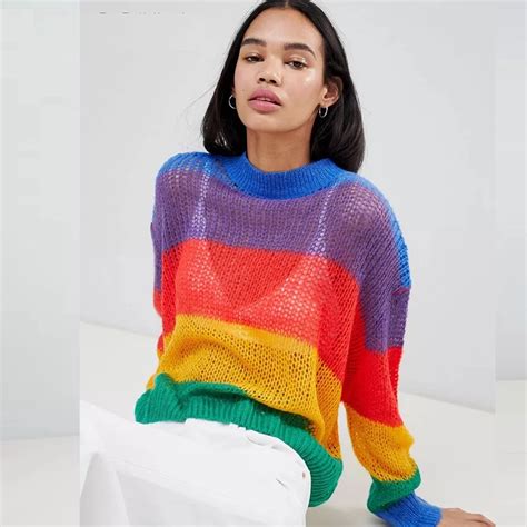 Women Rainbow Loose Pullover Sweaters Femme Colourful Striped Round