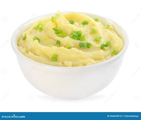 Bowl Of Tasty Mashed Potato With Green Onion Isolated On White Stock