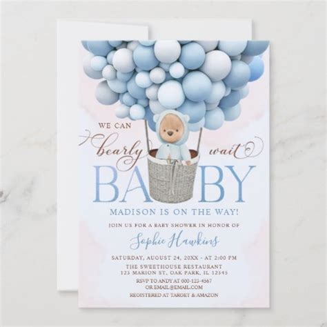 Teddy Bear Blue Hot Air Balloon Baby Shower Invitation Zazzle
