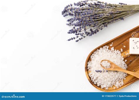 Sea Salt Heap Lavender And Spoon On Wooden Tray Stock Image Image Of