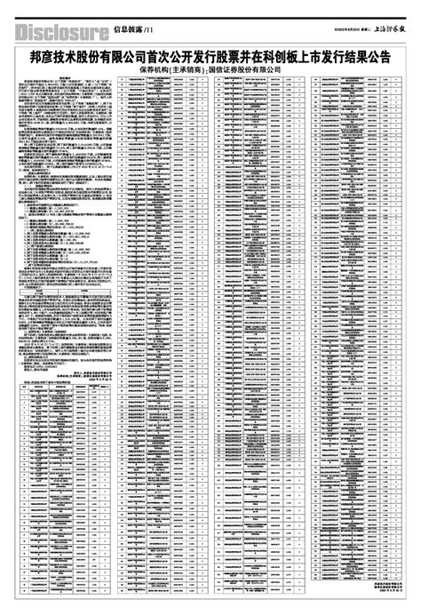 邦彦技术股份有限公司首次公开发行股票并在科创板上市发行结果公告上海证券报