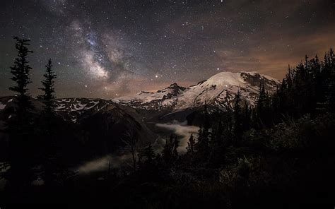 HD wallpaper: mountains, galaxy, snowy peak, landscape, starry night ...