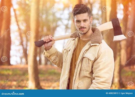 Handsome Young Men With Axe Stock Image Image Of Camera Fitness